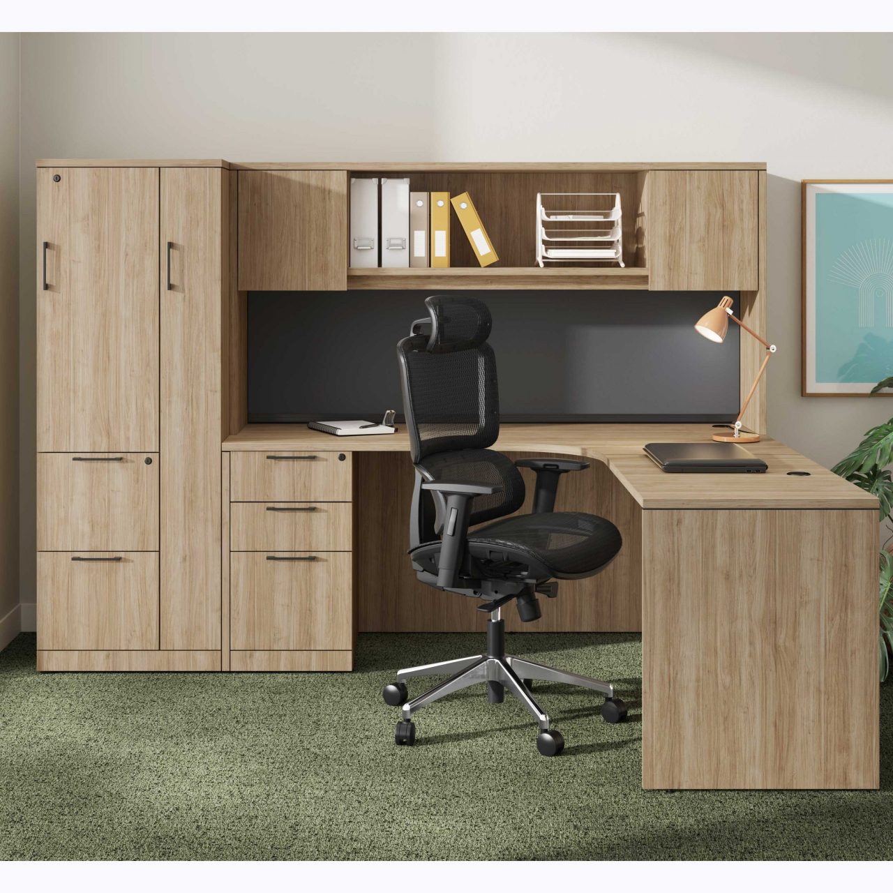 LShaped Desk with File, and Overhead Storage
